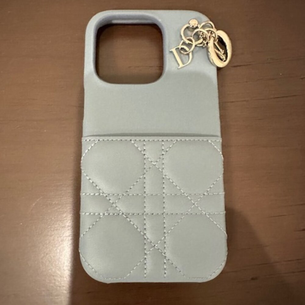 Lady Dior Women's Cover iPhone 15 Pro Cloud Blue Cannage Lambskin *NEW*